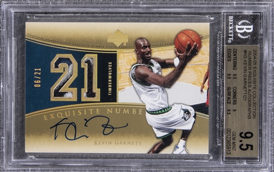 2004-05 UD "Exquisite Collection" Number Pieces Autographs #KG Kevin Garnett Signed Game Used Patch Card (#06/21) – BGS GEM MINT 9.5/BGS 10